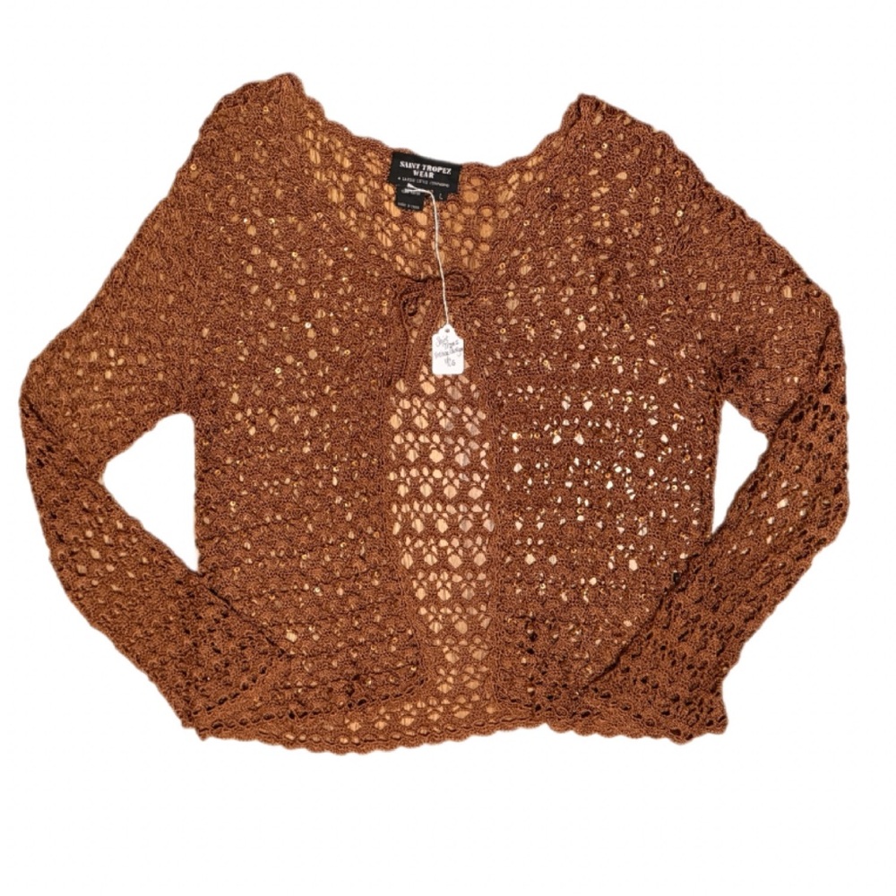 Vintage Y2K Saint Tropez West Rust Gold Sequin Crochet Cardigan Sz L